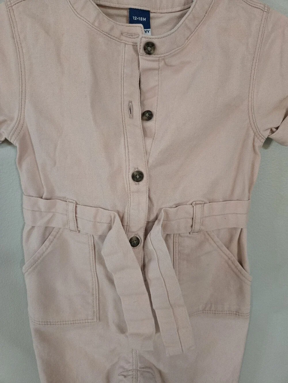Old Navy Baby Girls Pink Utility Jumpsuit Romper 12-18M Belted Button Front